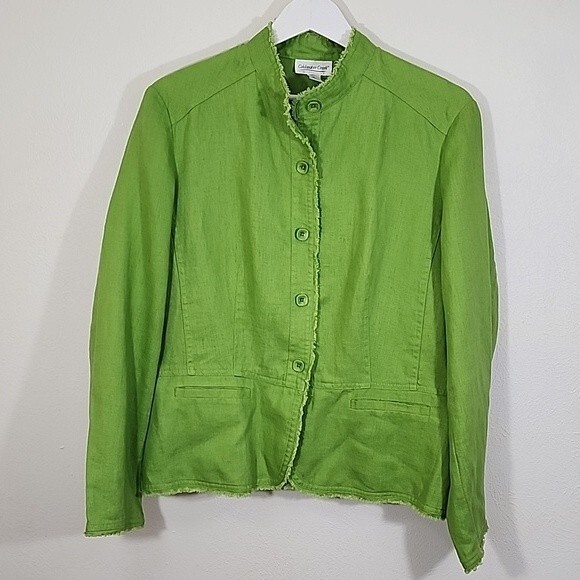 Coldwater Creek women's lime green linen frayed edges blazer size LP - Picture 1 of 10